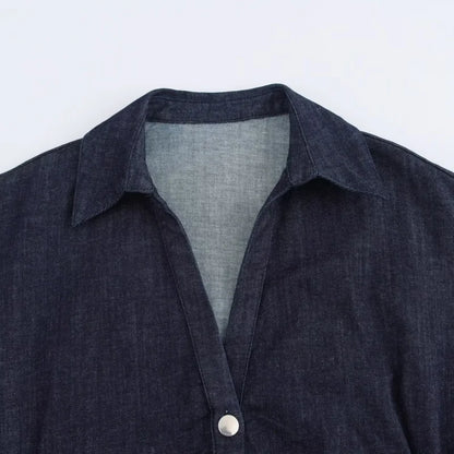 ETJ 2025 traf Spring New 1975 series denim MIDI dress with lapel side zipper fashion wrinkle waist slim elegant dress