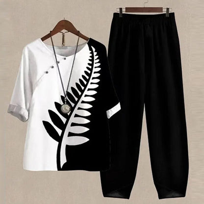 Casual Women's Set - Short Sleeve Shirt + High Waist Floral Pants