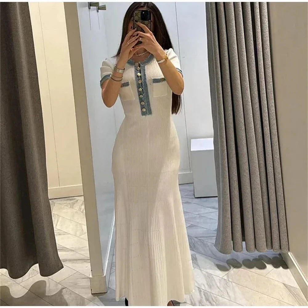 Elegant Contrasting Women Knit Maxi Dress Chic O-neck Short Sleeve Metal Buttons Bodycon Dresses Office Lady Commuting Robe