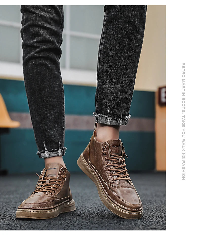 Men's boots autumn and winter new warm plush outdoor casual boots work boots fashion versatile soft soled comfort leather boots