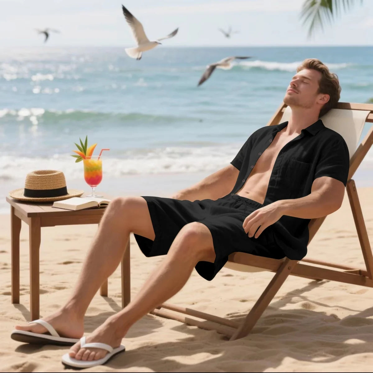 New summer men's retro cotton and linen shirt set, fashionable lapel button beach short-sleeved shirt and shorts two-piece set