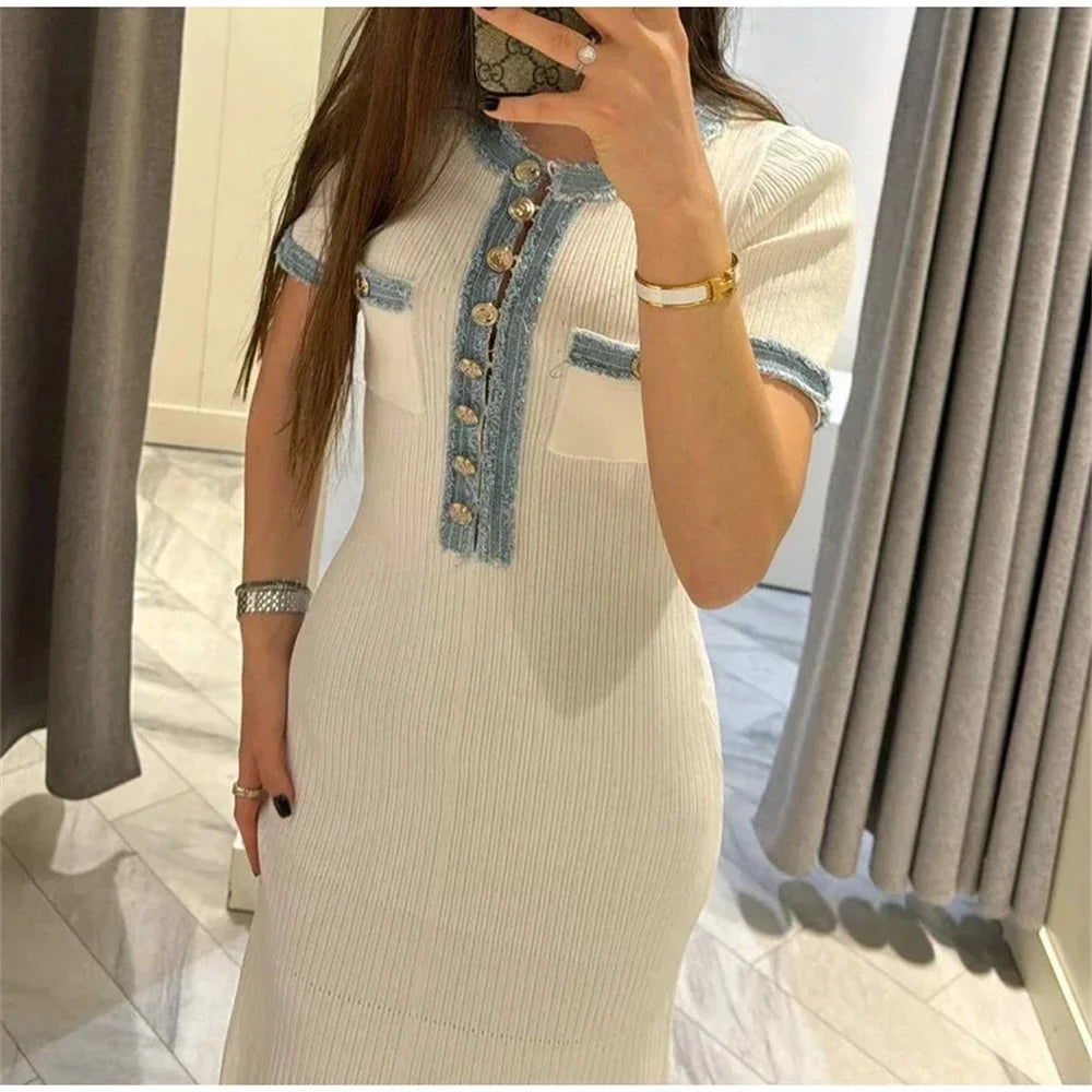 Elegant Contrasting Women Knit Maxi Dress Chic O-neck Short Sleeve Metal Buttons Bodycon Dresses Office Lady Commuting Robe