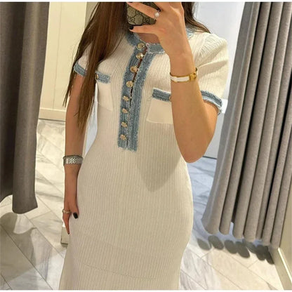 Elegant Contrasting Women Knit Maxi Dress Chic O-neck Short Sleeve Metal Buttons Bodycon Dresses Office Lady Commuting Robe