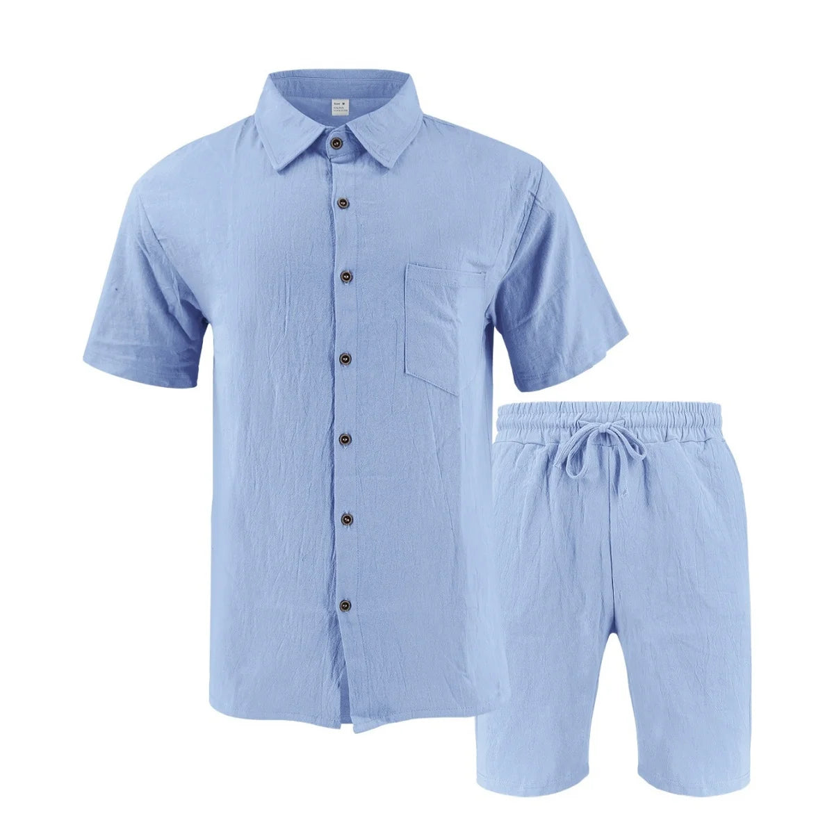New summer men's retro cotton and linen shirt set, fashionable lapel button beach short-sleeved shirt and shorts two-piece set