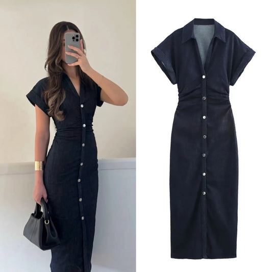 ETJ 2025 traf Spring New 1975 series denim MIDI dress with lapel side zipper fashion wrinkle waist slim elegant dress