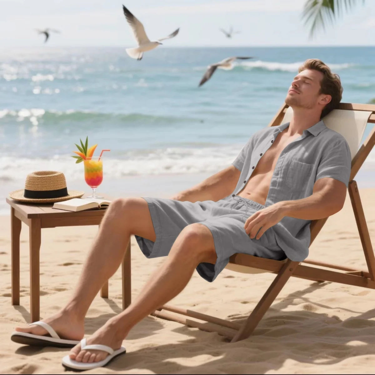 New summer men's retro cotton and linen shirt set, fashionable lapel button beach short-sleeved shirt and shorts two-piece set