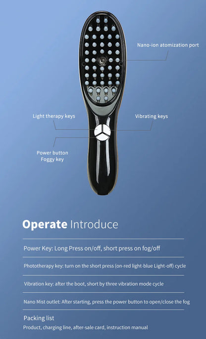 Electric Massager Comb with LED and Vibration - Anti Hair Loss, Stimulates Hair Growth, Tonics Atomization