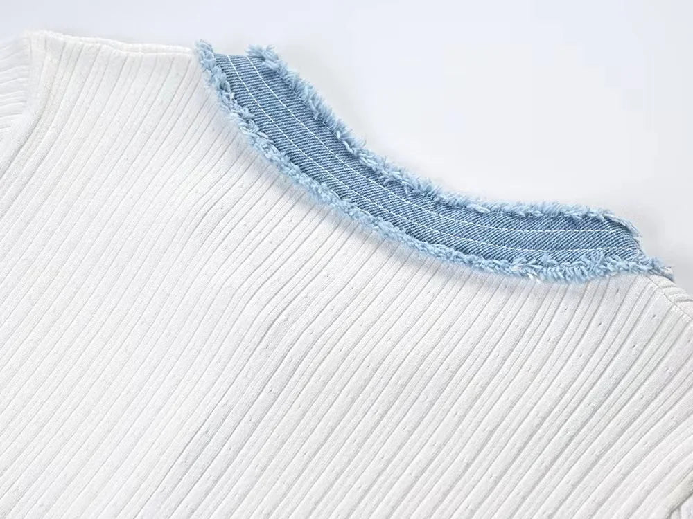 Elegant Contrasting Women Knit Maxi Dress Chic O-neck Short Sleeve Metal Buttons Bodycon Dresses Office Lady Commuting Robe