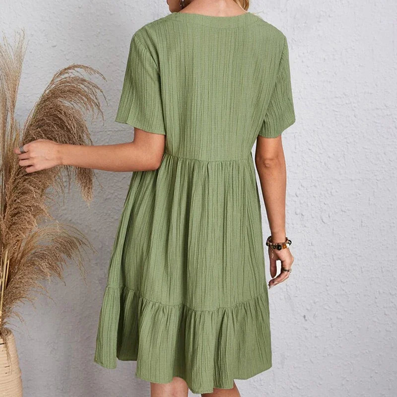 2025 Loose V-neck Short Sleeved Pleated Women Dress Solid Color A-line Beach Dresses Elegant Simple Comfortable Woman Clothing