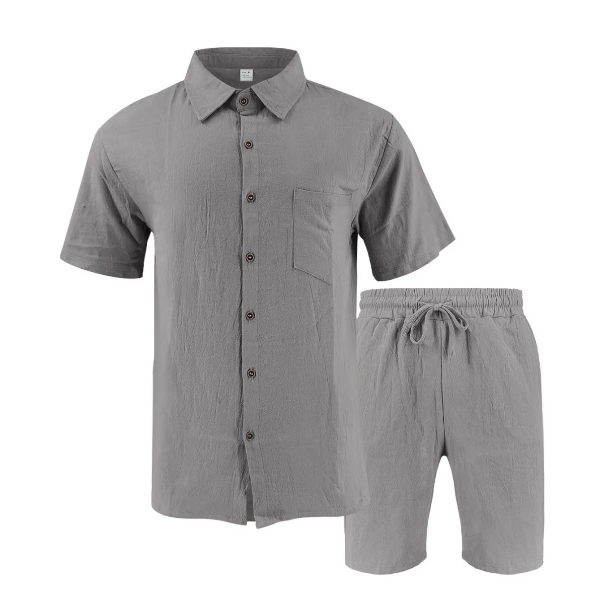 New summer men's retro cotton and linen shirt set, fashionable lapel button beach short-sleeved shirt and shorts two-piece set