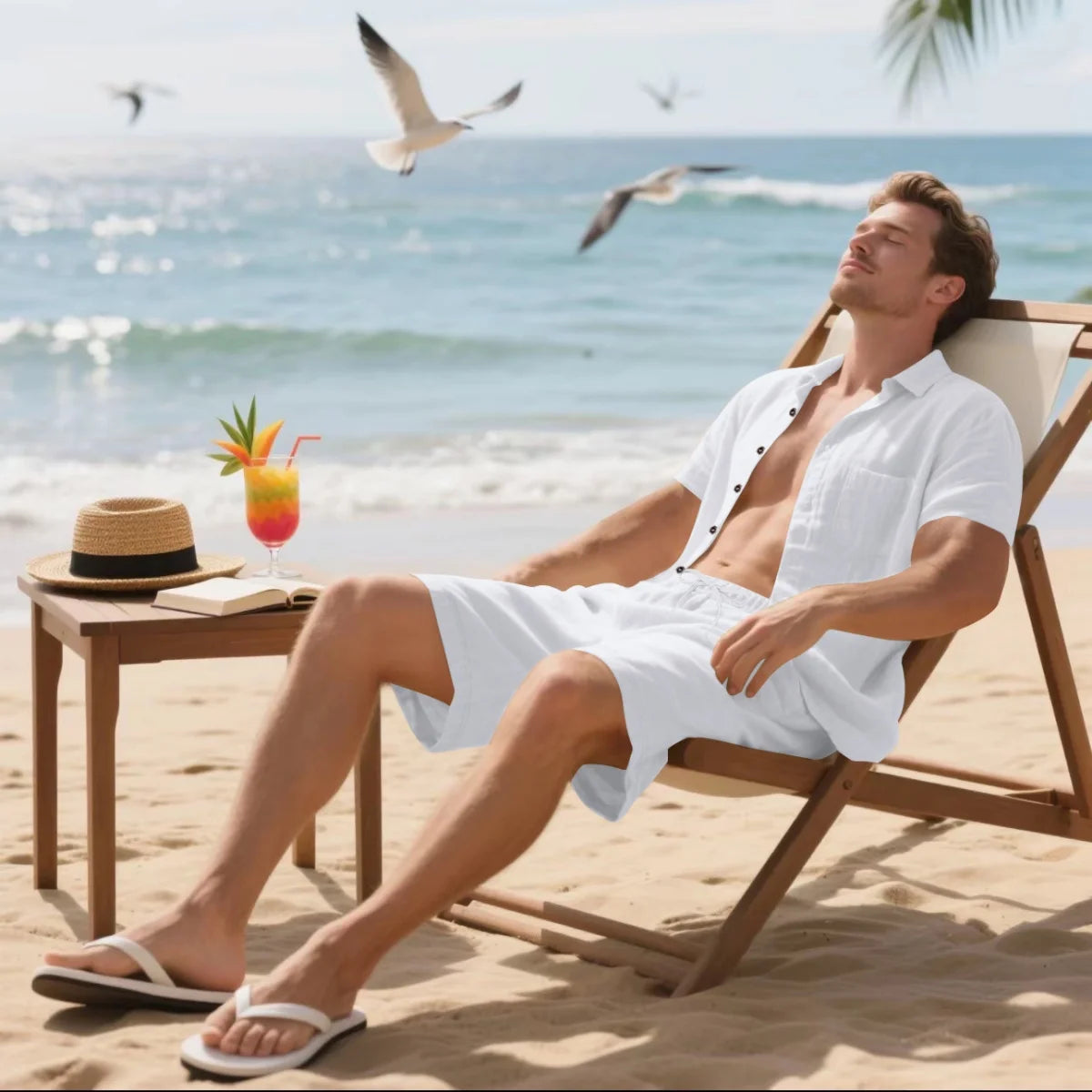 New summer men's retro cotton and linen shirt set, fashionable lapel button beach short-sleeved shirt and shorts two-piece set