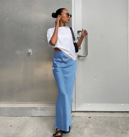 Elegant Satin Black Trumpet Skirts Fashion Slim High Waist Skirts Women Female Solid Office Long Skirt Spring Summer