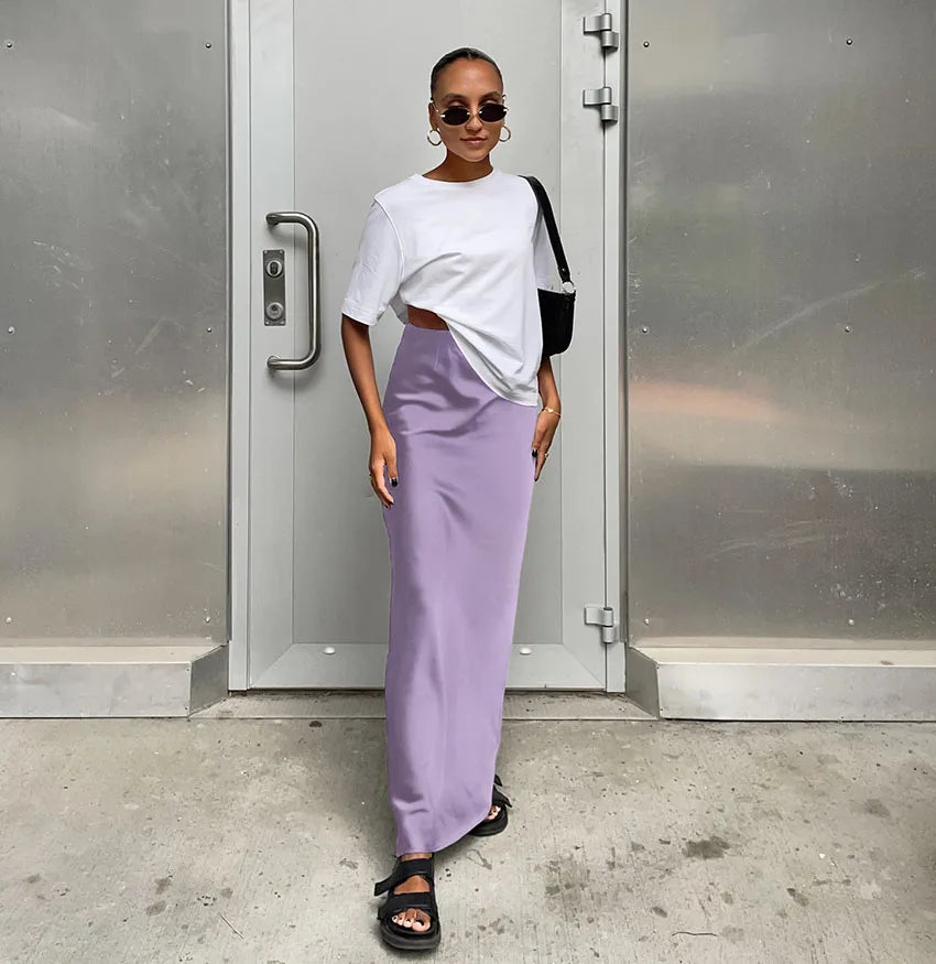 Elegant Satin Black Trumpet Skirts Fashion Slim High Waist Skirts Women Female Solid Office Long Skirt Spring Summer