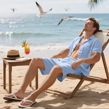 New summer men's retro cotton and linen shirt set, fashionable lapel button beach short-sleeved shirt and shorts two-piece set