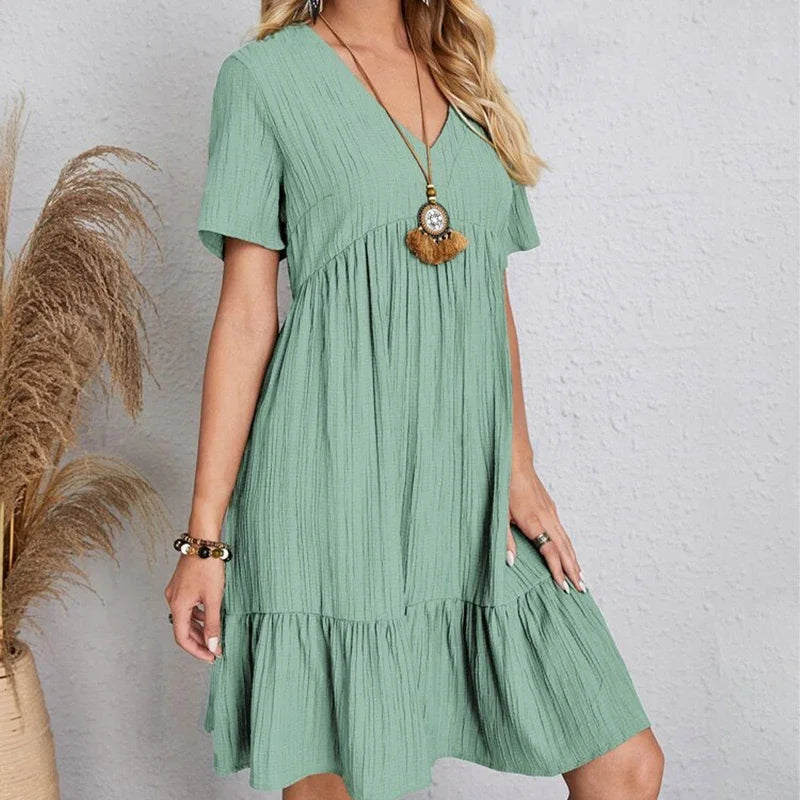 2025 Loose V-neck Short Sleeved Pleated Women Dress Solid Color A-line Beach Dresses Elegant Simple Comfortable Woman Clothing