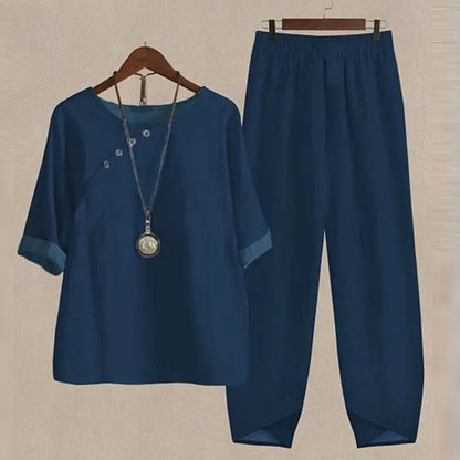 Casual Women's Set - Short Sleeve Shirt + High Waist Floral Pants