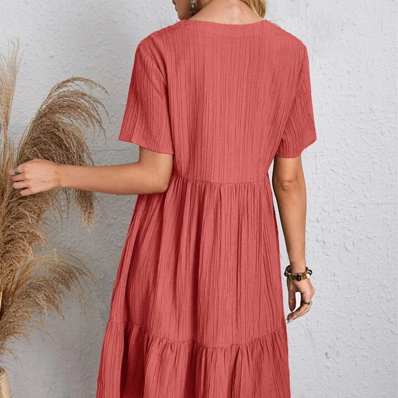 2025 Loose V-neck Short Sleeved Pleated Women Dress Solid Color A-line Beach Dresses Elegant Simple Comfortable Woman Clothing