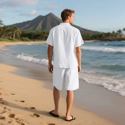 New summer men's retro cotton and linen shirt set, fashionable lapel button beach short-sleeved shirt and shorts two-piece set