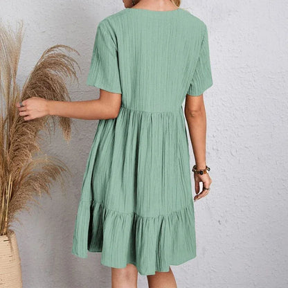 2025 Loose V-neck Short Sleeved Pleated Women Dress Solid Color A-line Beach Dresses Elegant Simple Comfortable Woman Clothing