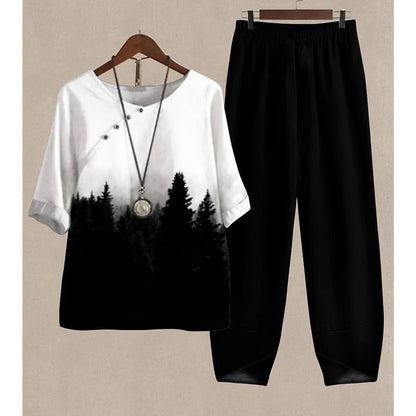 Casual Women's Set - Short Sleeve Shirt + High Waist Floral Pants