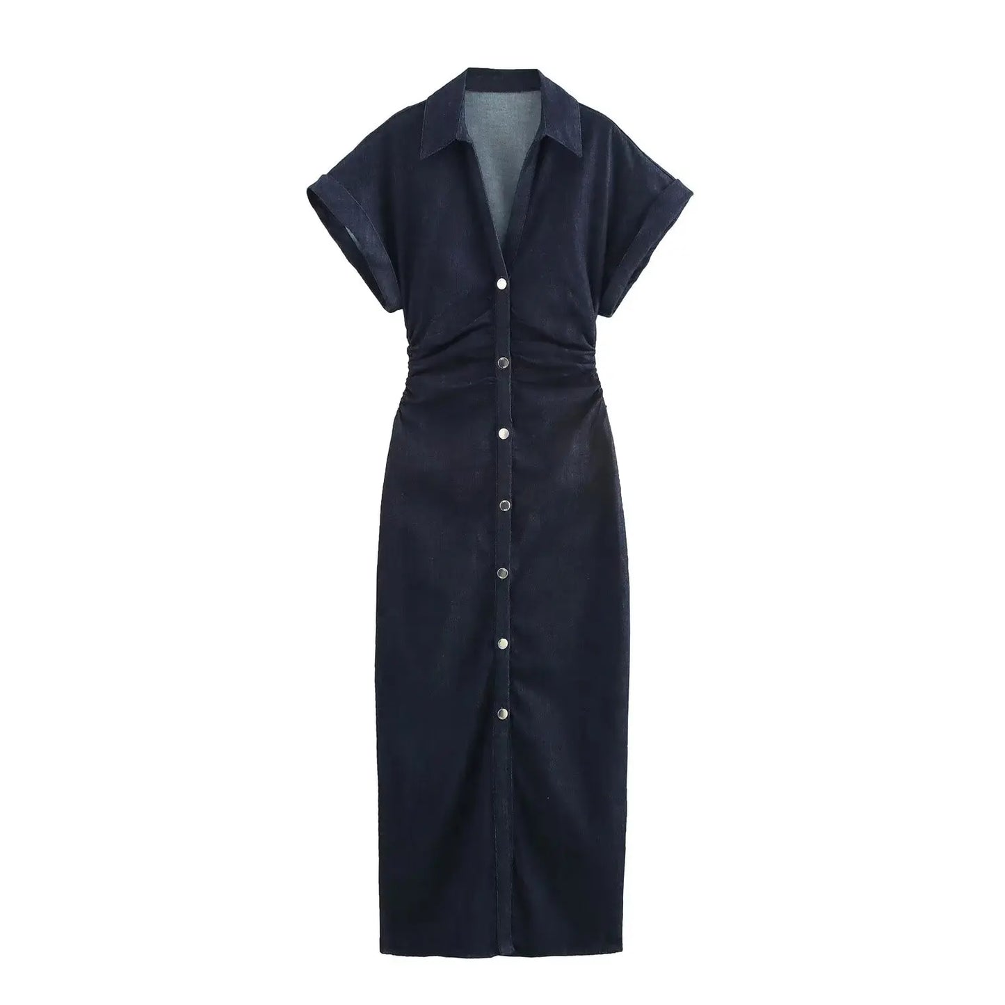 ETJ 2025 traf Spring New 1975 series denim MIDI dress with lapel side zipper fashion wrinkle waist slim elegant dress