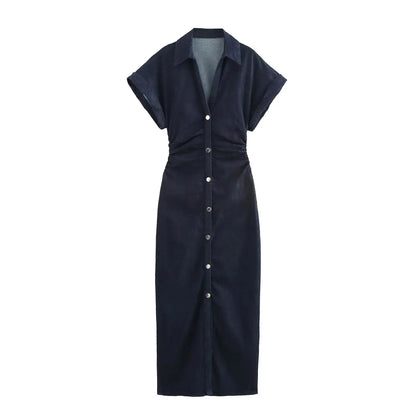 ETJ 2025 traf Spring New 1975 series denim MIDI dress with lapel side zipper fashion wrinkle waist slim elegant dress