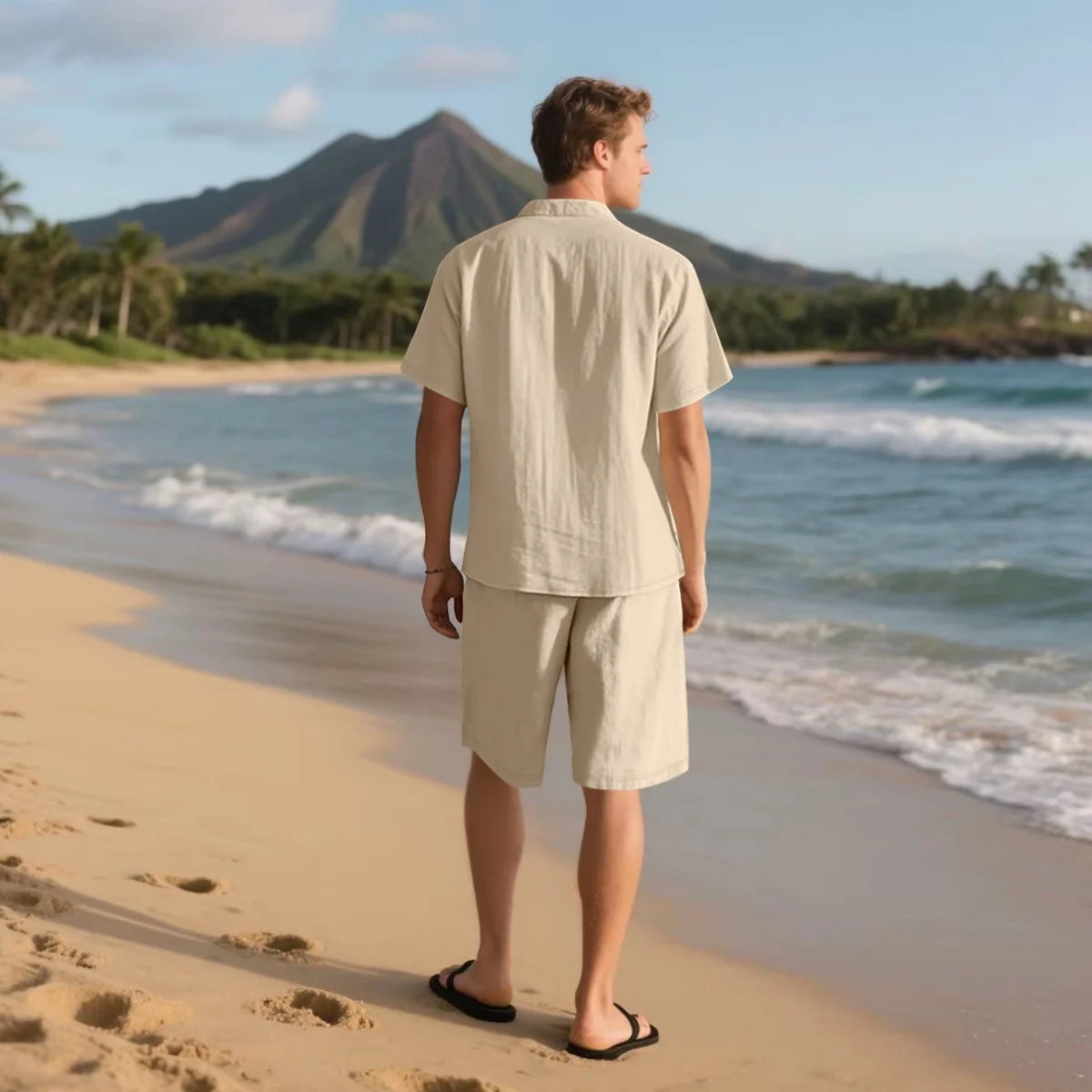 New summer men's retro cotton and linen shirt set, fashionable lapel button beach short-sleeved shirt and shorts two-piece set