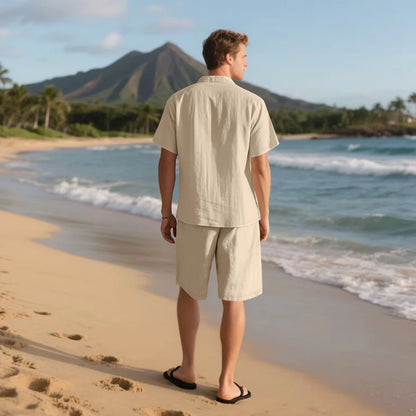 New summer men's retro cotton and linen shirt set, fashionable lapel button beach short-sleeved shirt and shorts two-piece set