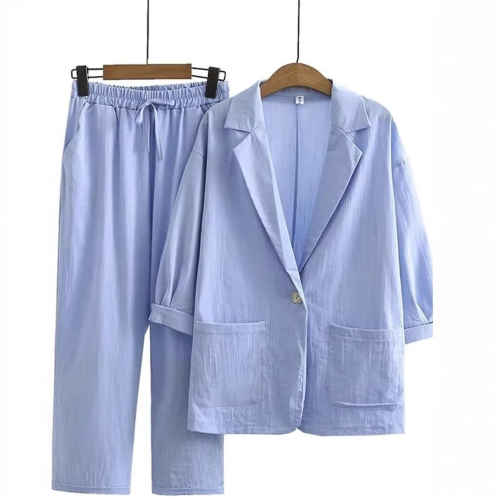 Women’s Linen Set – Cotton Pants + Elegant Blouse