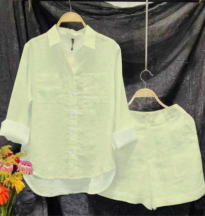 Elegant Women's Set – Long Sleeve White Shirt + Free Shorts