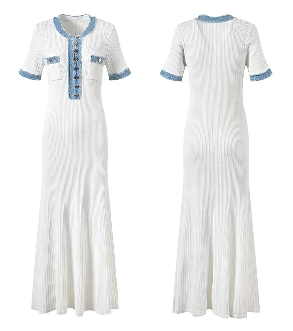 Elegant Contrasting Women Knit Maxi Dress Chic O-neck Short Sleeve Metal Buttons Bodycon Dresses Office Lady Commuting Robe