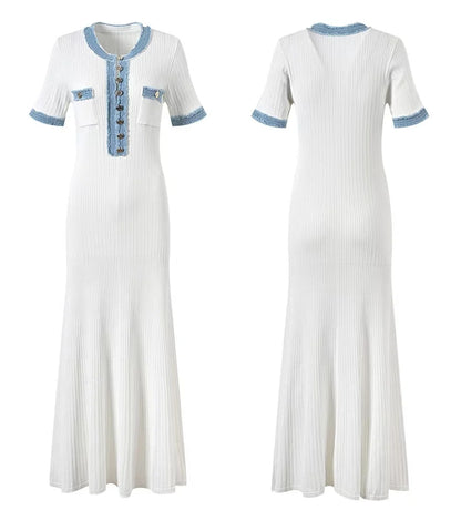 Elegant Contrasting Women Knit Maxi Dress Chic O-neck Short Sleeve Metal Buttons Bodycon Dresses Office Lady Commuting Robe
