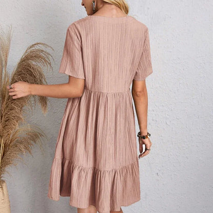 2025 Loose V-neck Short Sleeved Pleated Women Dress Solid Color A-line Beach Dresses Elegant Simple Comfortable Woman Clothing