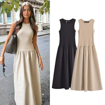 HXAO Khaki Elegant Long Dresses 2025 Women's Spring Sleeveless Black Dresses Fashion Casual Party Y2k Dress Vestidos For Female