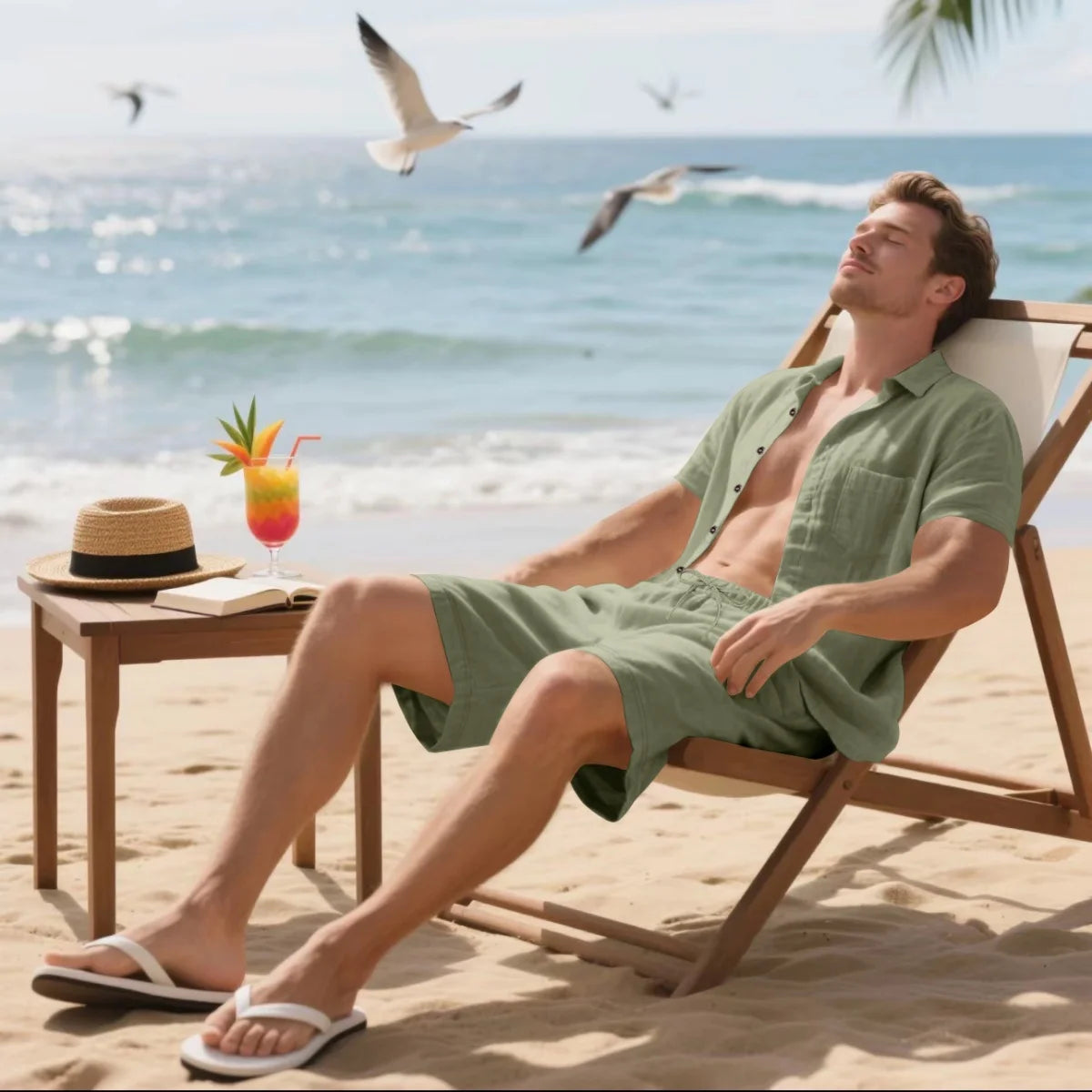 New summer men's retro cotton and linen shirt set, fashionable lapel button beach short-sleeved shirt and shorts two-piece set