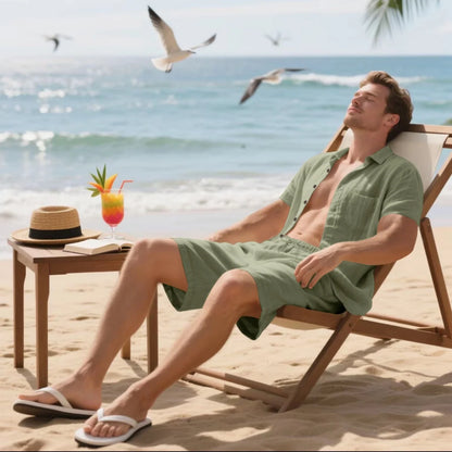 New summer men's retro cotton and linen shirt set, fashionable lapel button beach short-sleeved shirt and shorts two-piece set