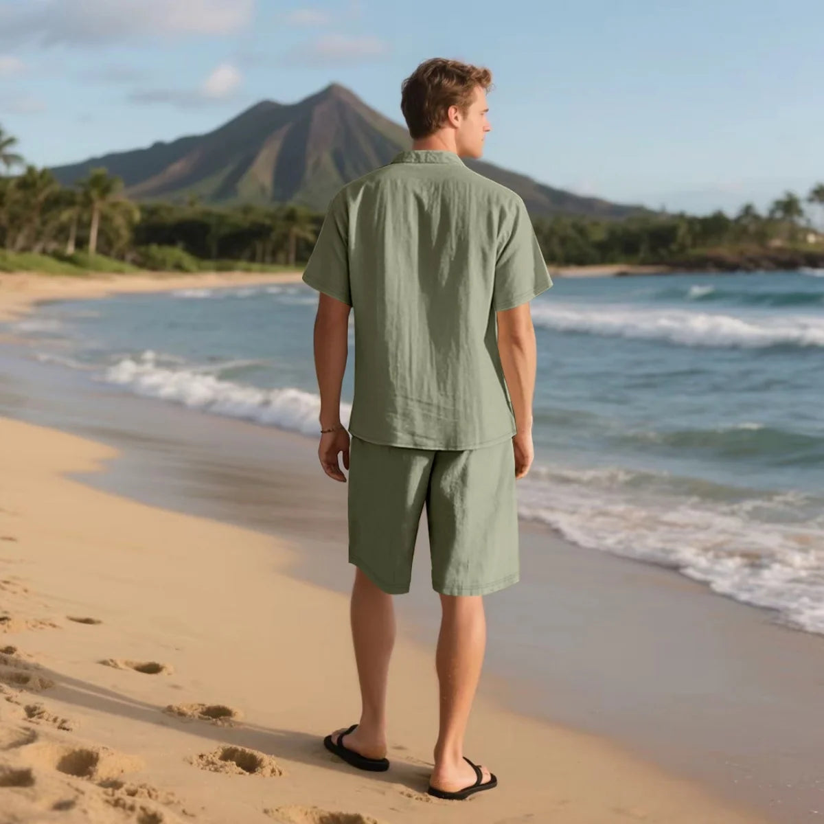 New summer men's retro cotton and linen shirt set, fashionable lapel button beach short-sleeved shirt and shorts two-piece set