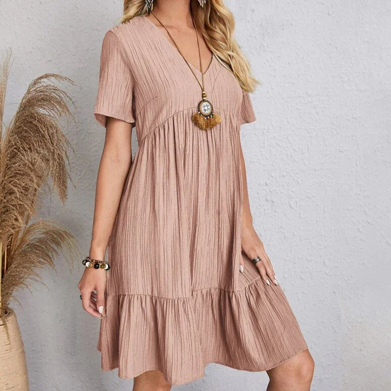 2025 Loose V-neck Short Sleeved Pleated Women Dress Solid Color A-line Beach Dresses Elegant Simple Comfortable Woman Clothing