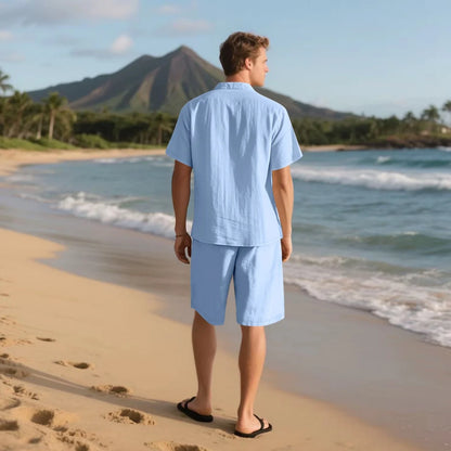 New summer men's retro cotton and linen shirt set, fashionable lapel button beach short-sleeved shirt and shorts two-piece set
