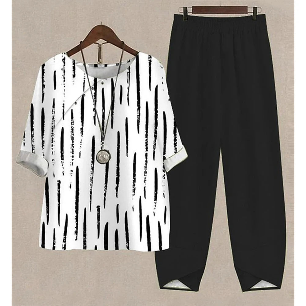 Casual Women's Set - Short Sleeve Shirt + High Waist Floral Pants
