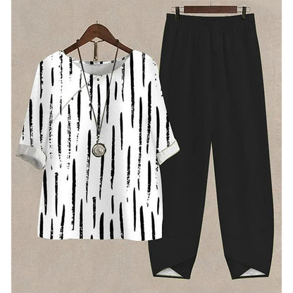 Casual Women's Set - Short Sleeve Shirt + High Waist Floral Pants