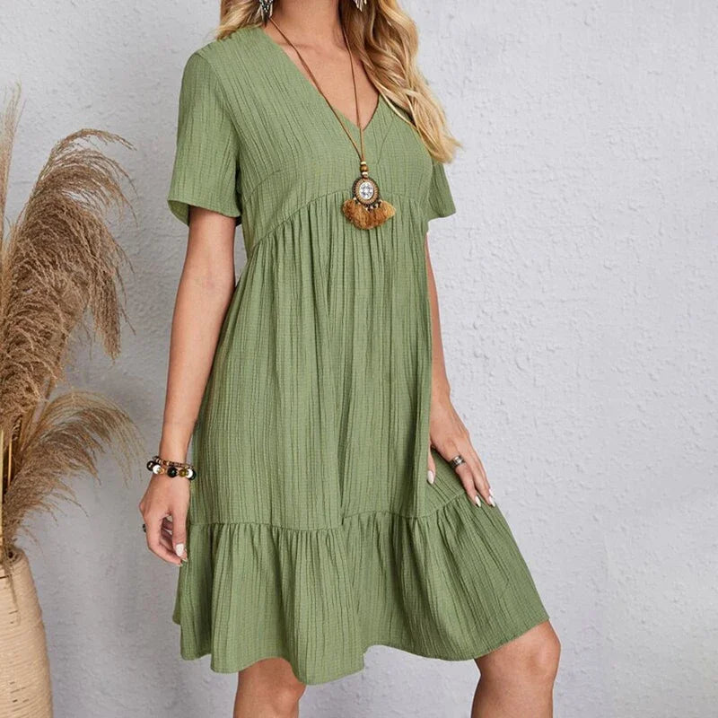 2025 Loose V-neck Short Sleeved Pleated Women Dress Solid Color A-line Beach Dresses Elegant Simple Comfortable Woman Clothing