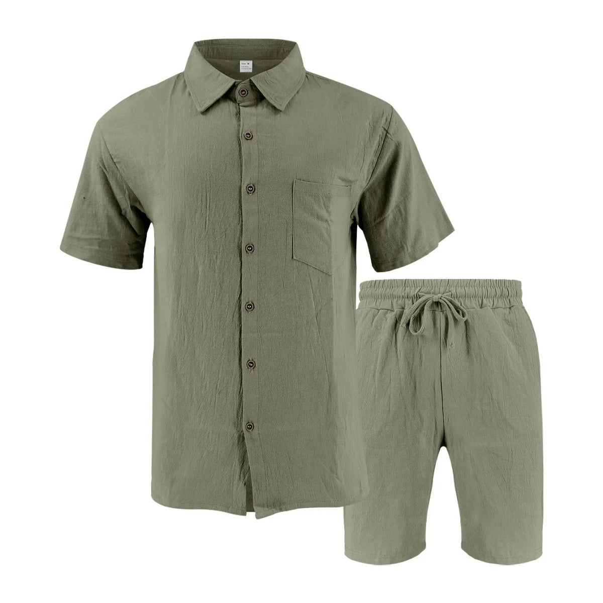 New summer men's retro cotton and linen shirt set, fashionable lapel button beach short-sleeved shirt and shorts two-piece set