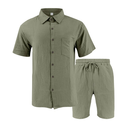 New summer men's retro cotton and linen shirt set, fashionable lapel button beach short-sleeved shirt and shorts two-piece set