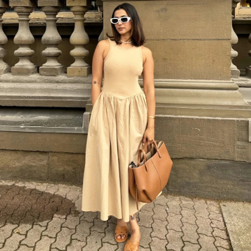 HXAO Khaki Elegant Long Dresses 2025 Women's Spring Sleeveless Black Dresses Fashion Casual Party Y2k Dress Vestidos For Female
