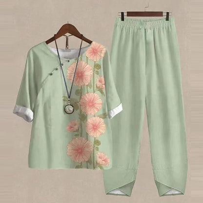 Casual Women's Set - Short Sleeve Shirt + High Waist Floral Pants