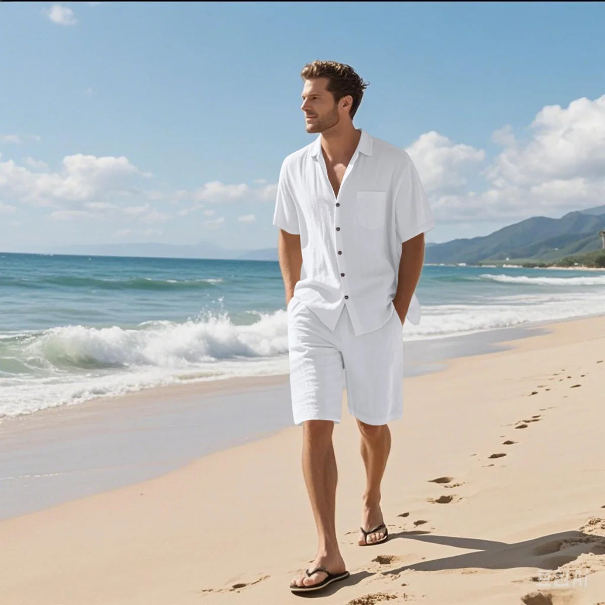 New summer men's retro cotton and linen shirt set, fashionable lapel button beach short-sleeved shirt and shorts two-piece set