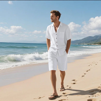 New summer men's retro cotton and linen shirt set, fashionable lapel button beach short-sleeved shirt and shorts two-piece set