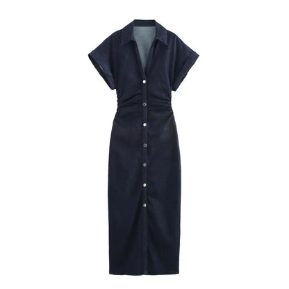 ETJ 2025 traf Spring New 1975 series denim MIDI dress with lapel side zipper fashion wrinkle waist slim elegant dress