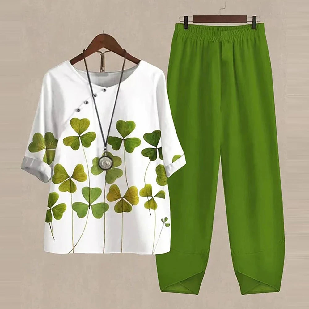 Casual Women's Set - Short Sleeve Shirt + High Waist Floral Pants